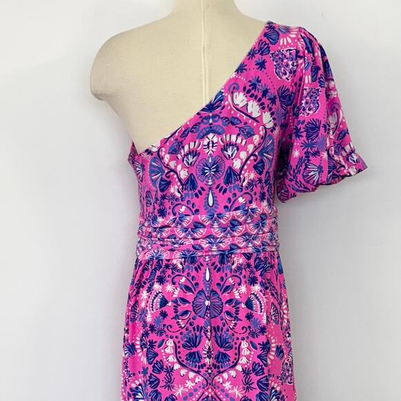 Lilly Pulitzer Solana One Shoulder Maxi Dress Havana Pink Turtle Tidepool L - Picture 9 of 12